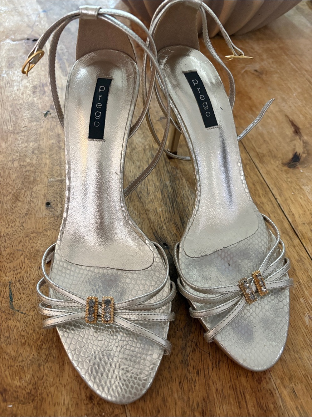 EGO Gold Metallic Strappy Heeled Sandals with Jeweled Accent